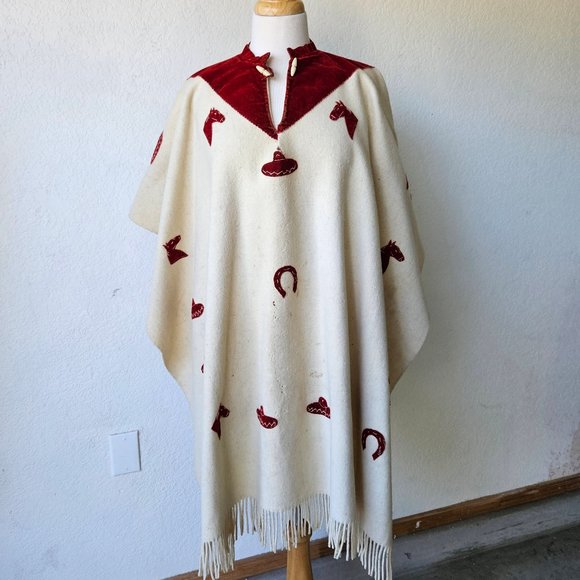 Vintage Other - Vintage 30s 40s 50s Red Velvet Wool Western Fringe Poncho Handmade OOAK RARE